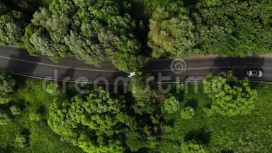绿色森林中的道路空中镜头，几辆汽车在高速公路上行驶。 汽车在绿色的柏油路上行驶